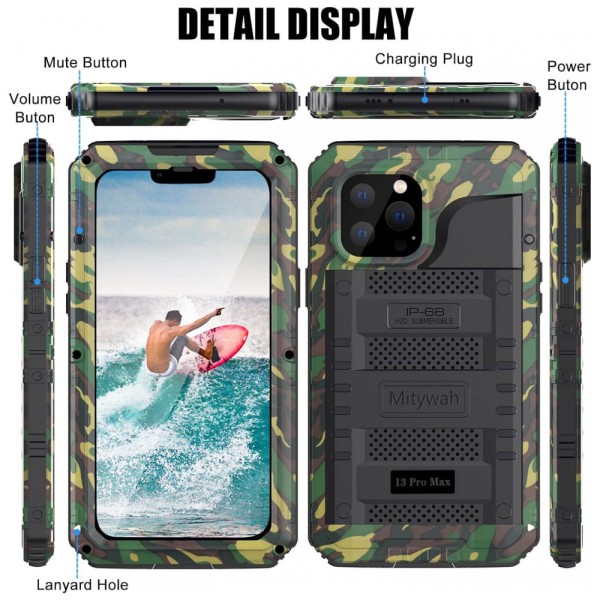 Encontraproduto.com.br - Capa para Iphone 13 Pro Max com Protetor de Tela Embutido e à Prova dÁgua, Mitywah, Verde Camuflada