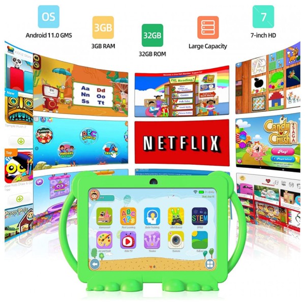 Encontraproduto.com.br - Tablet Infantil 7 Educativo com Controle de Pais, WiFi e Câmera Dupla, Android 11 3GB RAM, YOBANSE, Verde