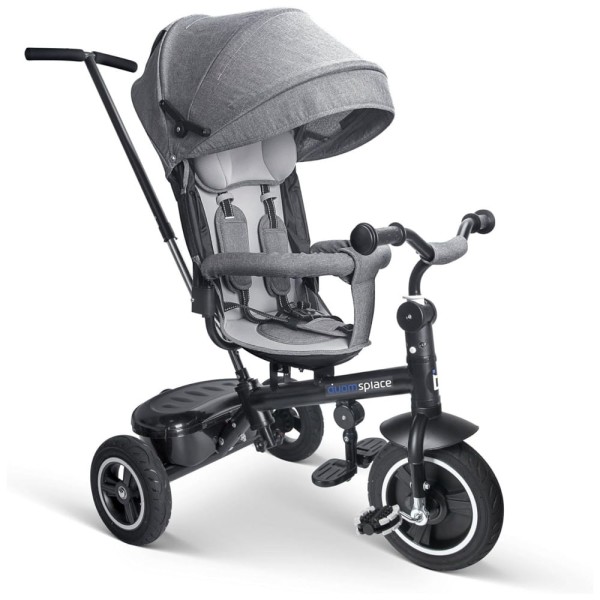 Encontraproduto.com.br - Triciclo Infantil com Arnês de Segurança de 5 Pontos, Capota Ajustável, Roda Grande e Alça de Empurrar, Duomspiace, Cinza