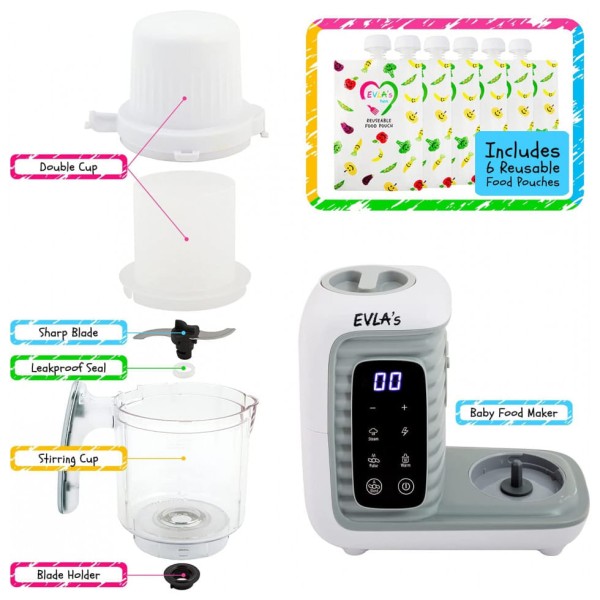 Encontraproduto.com.br - Processador de Alimentos para Bebês com Controle Digital e Vaporizador, 110V 300W, EVLAS, Branco