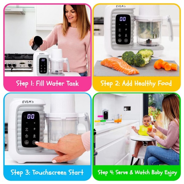Encontraproduto.com.br - Processador de Alimentos para Bebês com Controle Digital e Vaporizador, 110V 300W, EVLAS, Branco