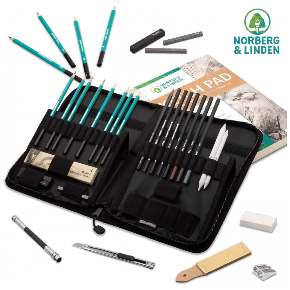 Encontraproduto.com.br - Kit Lápis de Cor Profissional com Estojo 27 peças Tintas Acrílicas, Aquarela, NORBERG LINDEN SketchingXXL, Preto