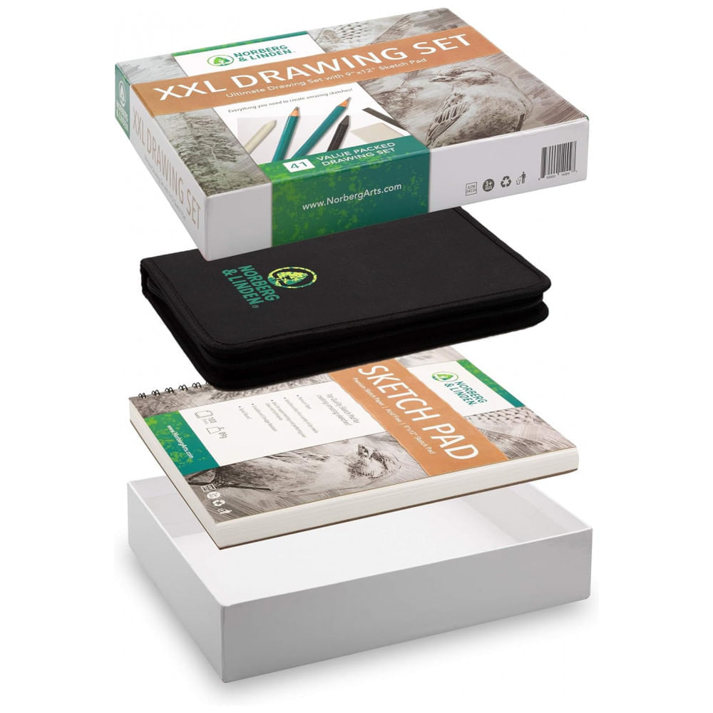 Encontraproduto.com.br - Kit Lápis de Cor Profissional com Estojo 27 peças Tintas Acrílicas, Aquarela, NORBERG LINDEN SketchingXXL, Preto