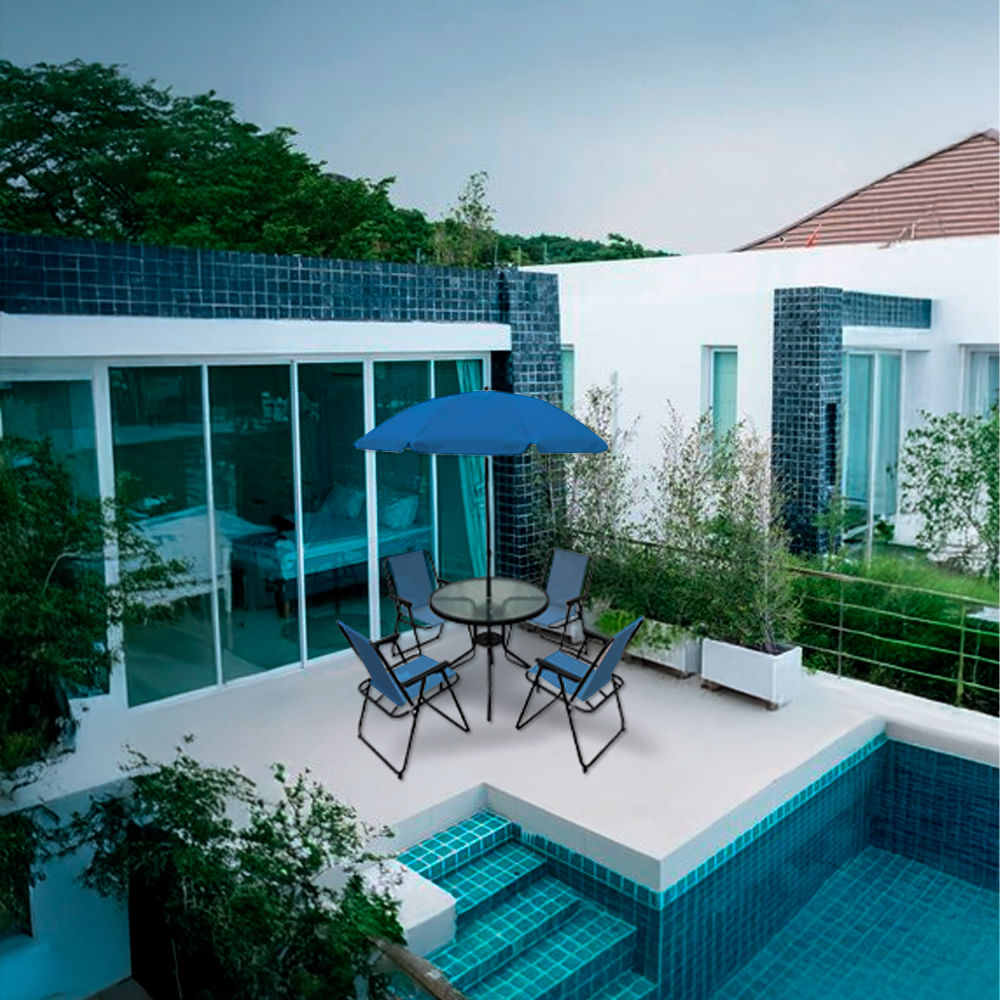 Encontraproduto.com.br - Conjunto de Mesa com 4 Cadeiras e Ombrelone Redondo para Área Externa Azul - Hasiera