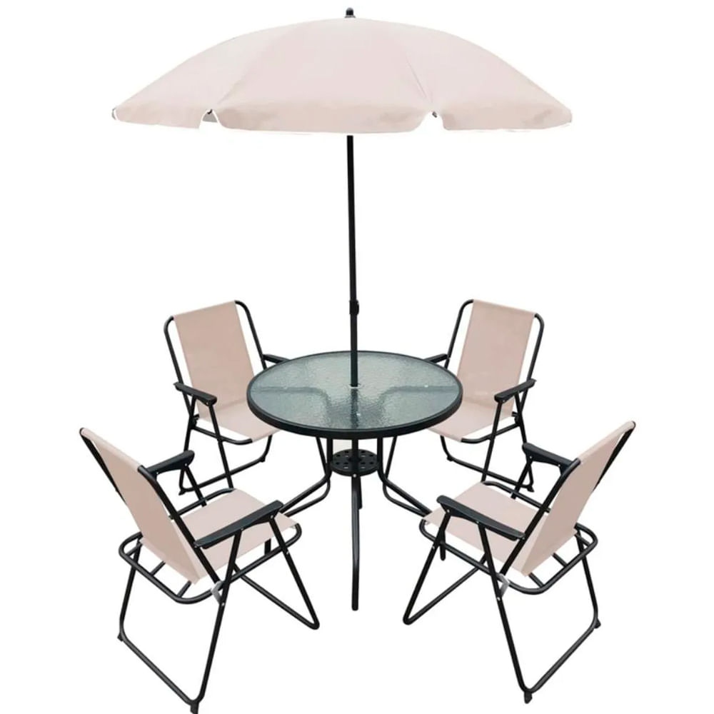 Encontraproduto.com.br - Conjunto de Mesa com 4 Cadeiras e Ombrelone Redondo para Área Externa Bege - Hasiera