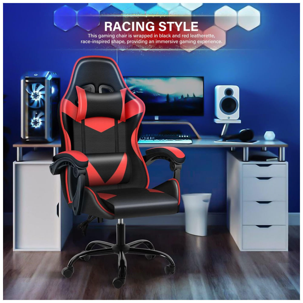 Encontraproduto.com.br - YSSOA Cadeira Gamer Reclinavel e Giratoria com Apoio Lombar e Cabeca Preta e Vermelha