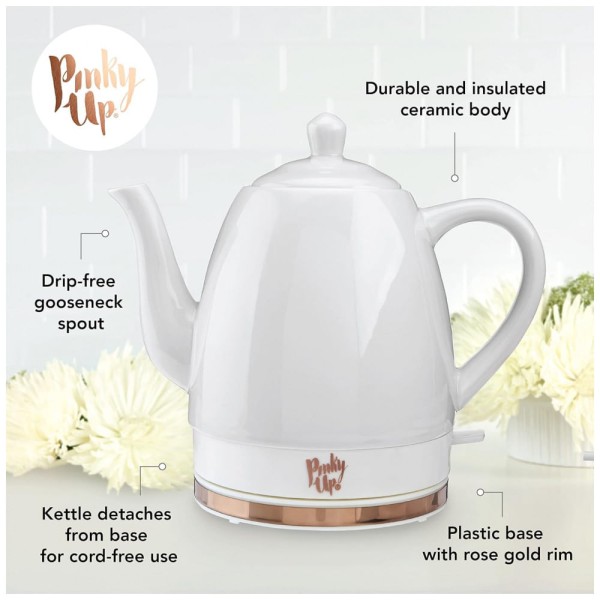 Encontraproduto.com.br - Chaleira Elétrica de 1.5L com Desligamento Automático, Ceramica, 1500W, Branca, 110v, PINKY UP 5867, Branco