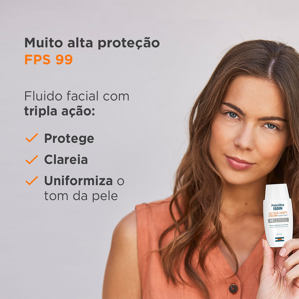 Encontraproduto.com.br - Clareador Facial Isdin - FotoUltra Active Unify Fusion Fluid Color FPS 99 50ml