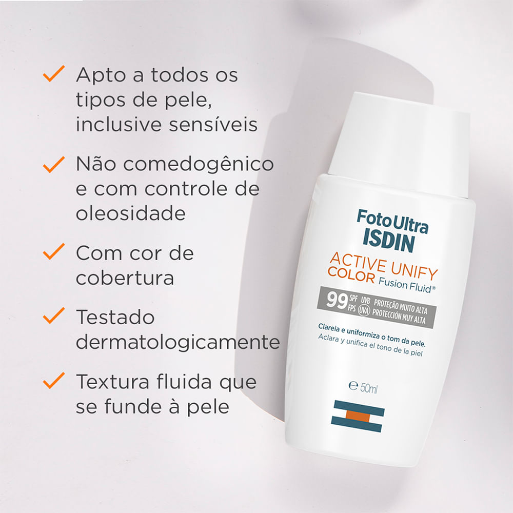 Encontraproduto.com.br - Clareador Facial Isdin - FotoUltra Active Unify Fusion Fluid Color FPS 99 50ml