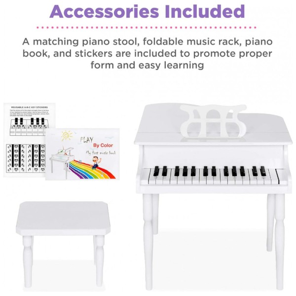 Encontraproduto.com.br - Piano de Cauda Infantil com 30 Teclas e Banco para Crianças de 1 a 5 Anos, Best Choice, Branco