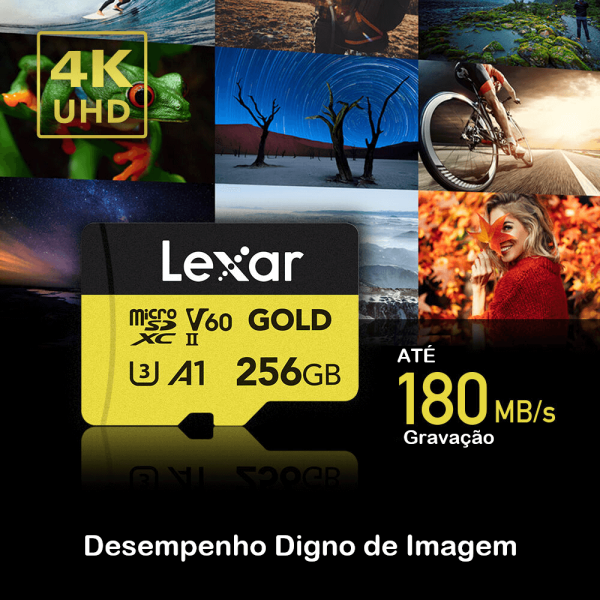 Encontraproduto.com.br - Cartão MicroSDXC 256GB Lexar Gold 4K 280Mb/s UHS-II / V60 / U3 / A1 / Classe 10