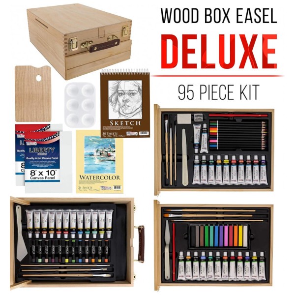 Encontraproduto.com.br - Kit Lápis de Cor Profissional com Maleta de Madeira 95 Peças e Tintas Acrílicas, Aquarela, US Art Supply, Marrom