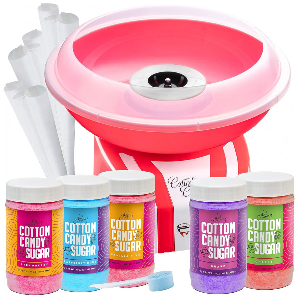 Encontraproduto.com.br - Máquina de Algodão Doce Elétrica Inclui 5 Frascos de 350mL com Sabores de Açúcar Floss, 50 Cones de Papel e Colher, 110V, The Candery, Rosa