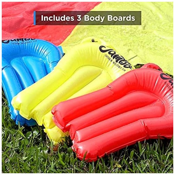 Encontraproduto.com.br - Parque Aquático Inflável 6 Metros com 3 Bodyboards e Sistema de Aspersão de Água de 3 Vias para Crianças, Jambo, Colorido