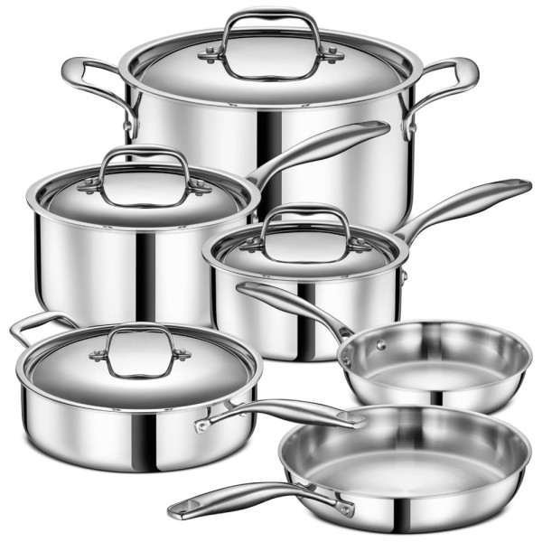 Jogo de Panelas e Frigideiras em Aço Inoxidável com 10 Peças e Utensílios de Cozinha, LEGEND COOKWARE, Prata