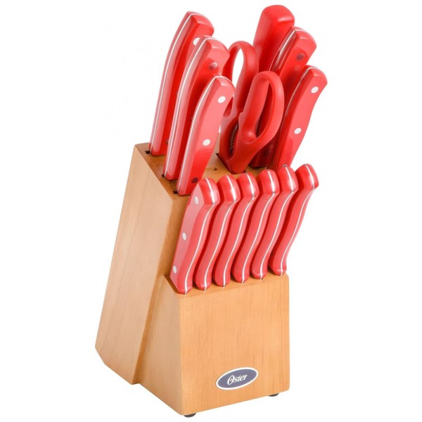 Encontraproduto.com.br - Conjunto de Facas em Aço Inoxidável com Bloco de Bancada, 14 Peças, Oster, Vermelho