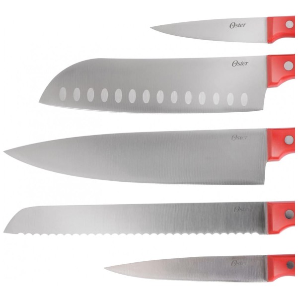 Encontraproduto.com.br - Conjunto de Facas em Aço Inoxidável com Bloco de Bancada, 14 Peças, Oster, Vermelho