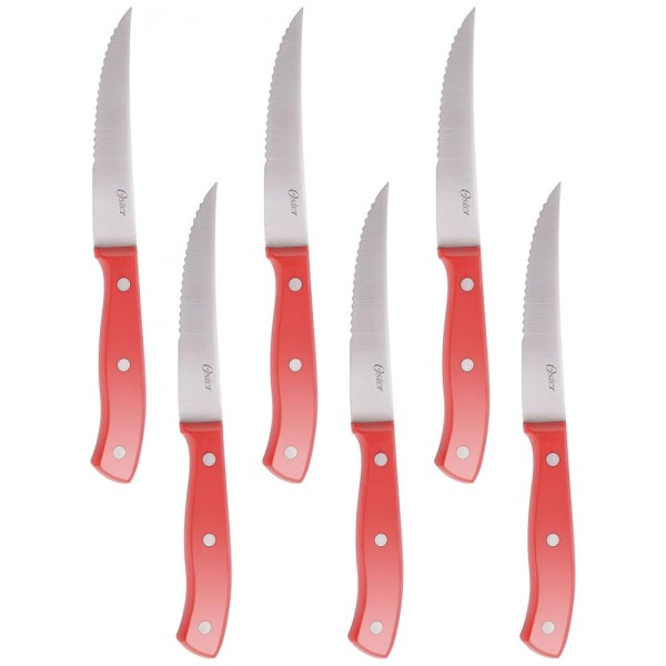 Encontraproduto.com.br - Conjunto de Facas em Aço Inoxidável com Bloco de Bancada, 14 Peças, Oster, Vermelho
