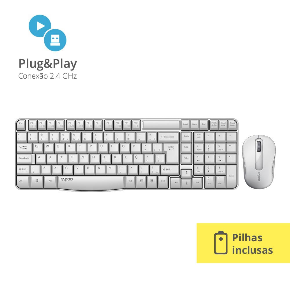 Kit Rapoo Teclado e Mouse Sem Fio 2.4 ghz White 5 Anos de Garantia X1800S - RA002OUT [Reembalado]