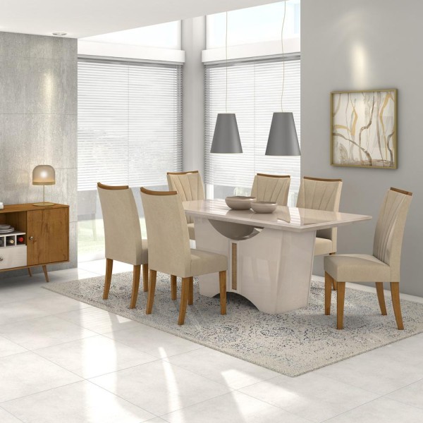 Encontraproduto.com.br - Mesa de Jantar 6 Cadeiras Com Tampo de Vidro Off White Rock Plus Lopas