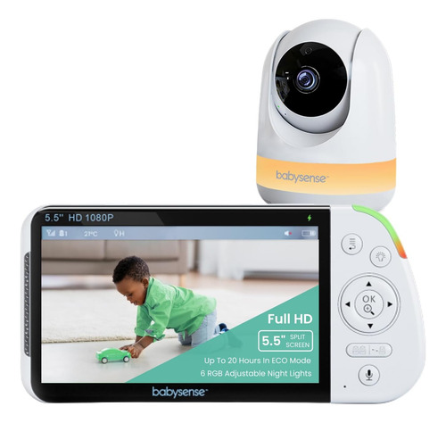 Babá Eletrônica com Câmera Full HD e Áudio, Luz Noturna RGB, Zoom 4X, 110V, Babysense, Branca