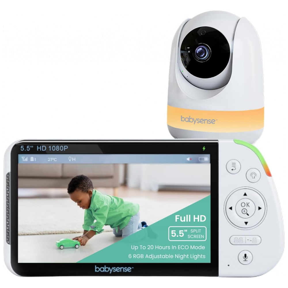 Encontraproduto.com.br - Babá Eletrônica com Câmera Full HD e Áudio, Luz Noturna RGB, Zoom 4X, 110V, Babysense, Branca