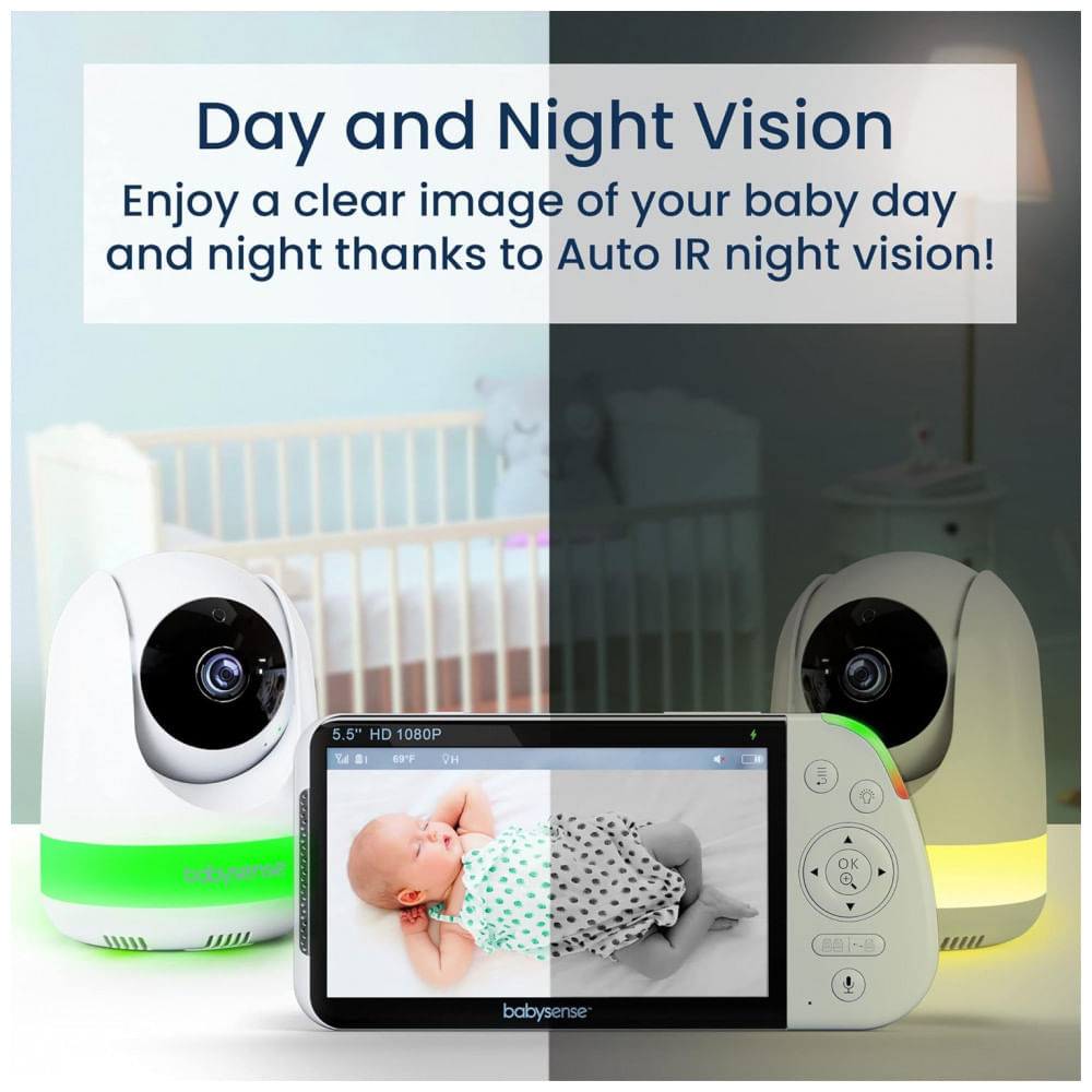 Encontraproduto.com.br - Babá Eletrônica com Câmera Full HD e Áudio, Luz Noturna RGB, Zoom 4X, 110V, Babysense, Branca