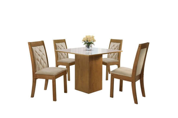 Encontraproduto.com.br - Mesa de Jantar 4 Cadeiras Com Tampo de Vidro Ipê/Off White Dakota Cel Móveis