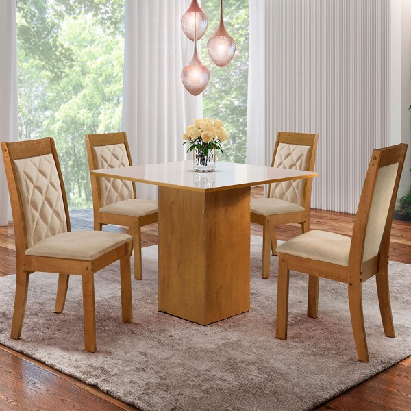 Encontraproduto.com.br - Mesa de Jantar 4 Cadeiras Com Tampo de Vidro Ipê/Off White Dakota Cel Móveis