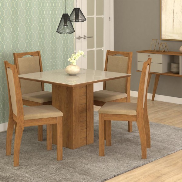 Encontraproduto.com.br - Mesa de Jantar 4 Cadeiras Com Tampo de MDF/Vidro Savana Off White Rafaela/Lívia Cimol