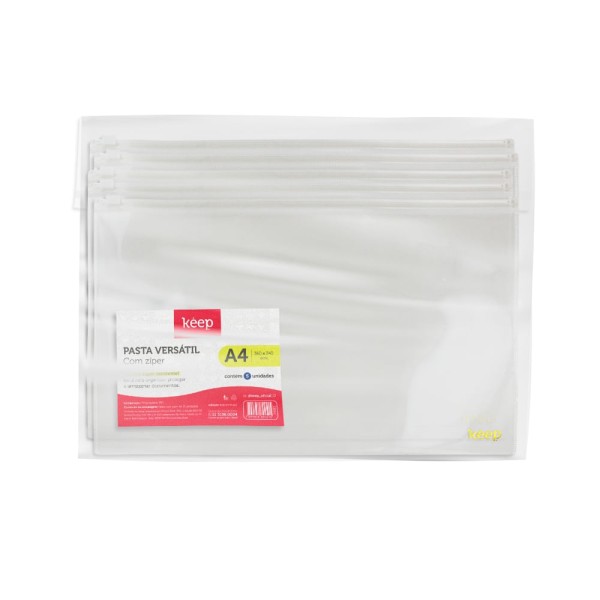 Encontraproduto.com.br - Pasta Zíper Versátil Cristal A4 360x240mm 5 Unidades Keep - EI052OUT [Reembalado]