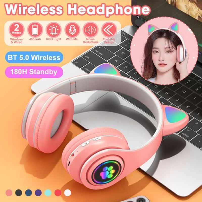 Fone de Ouvido Bluetooth 5.0 com Microfone Orelhas de Gato Sem Fio/Fio