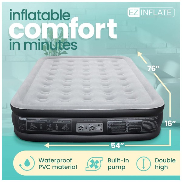 Encontraproduto.com.br - Colchão Inflável Casal com Bomba Embutida, Para até 300KG, EZ INFLATE, Preto