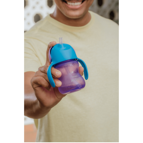 Encontraproduto.com.br - COPO TRANSIÇÃO DINOSSAURO 200ML 9M ROXO E AZUL PHILIPS AVENT