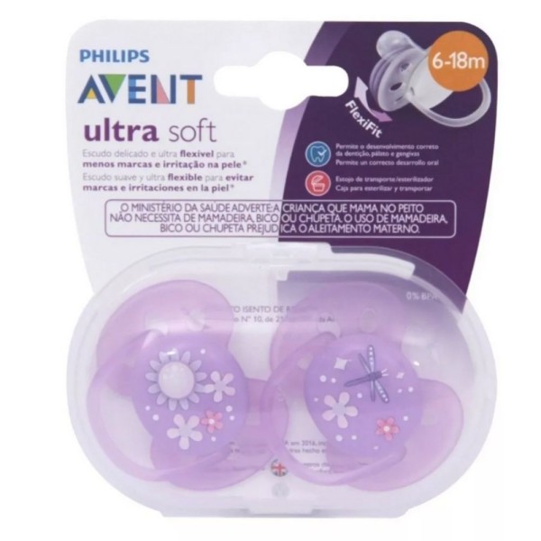 Encontraproduto.com.br - Kit Chupeta Avent Ultra Soft Decorada 6-18 Meses Menina 2 Unidades