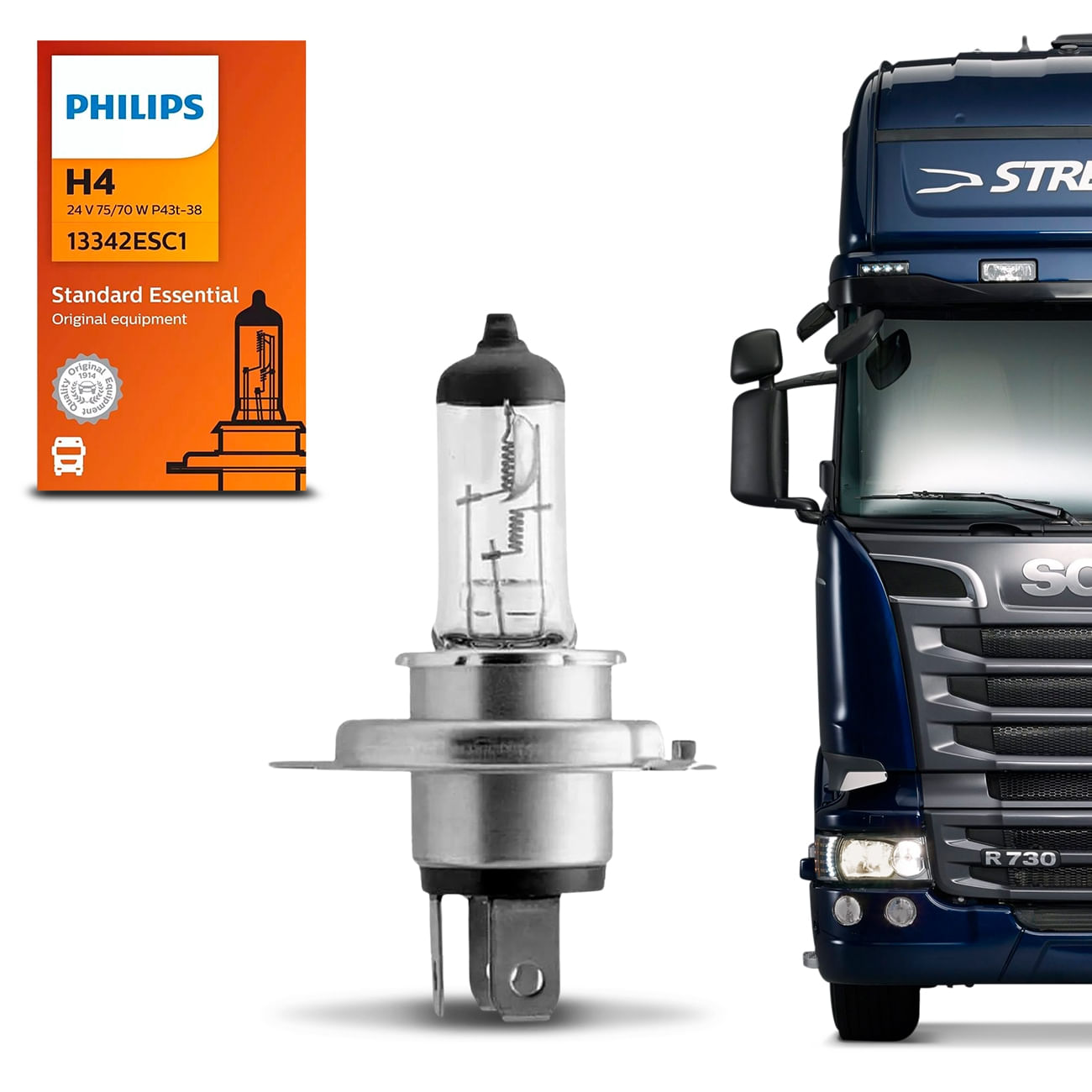 Lâmpada Philips Halógena Standard 75/70W 24V H4 Essential P43T-38 Farol