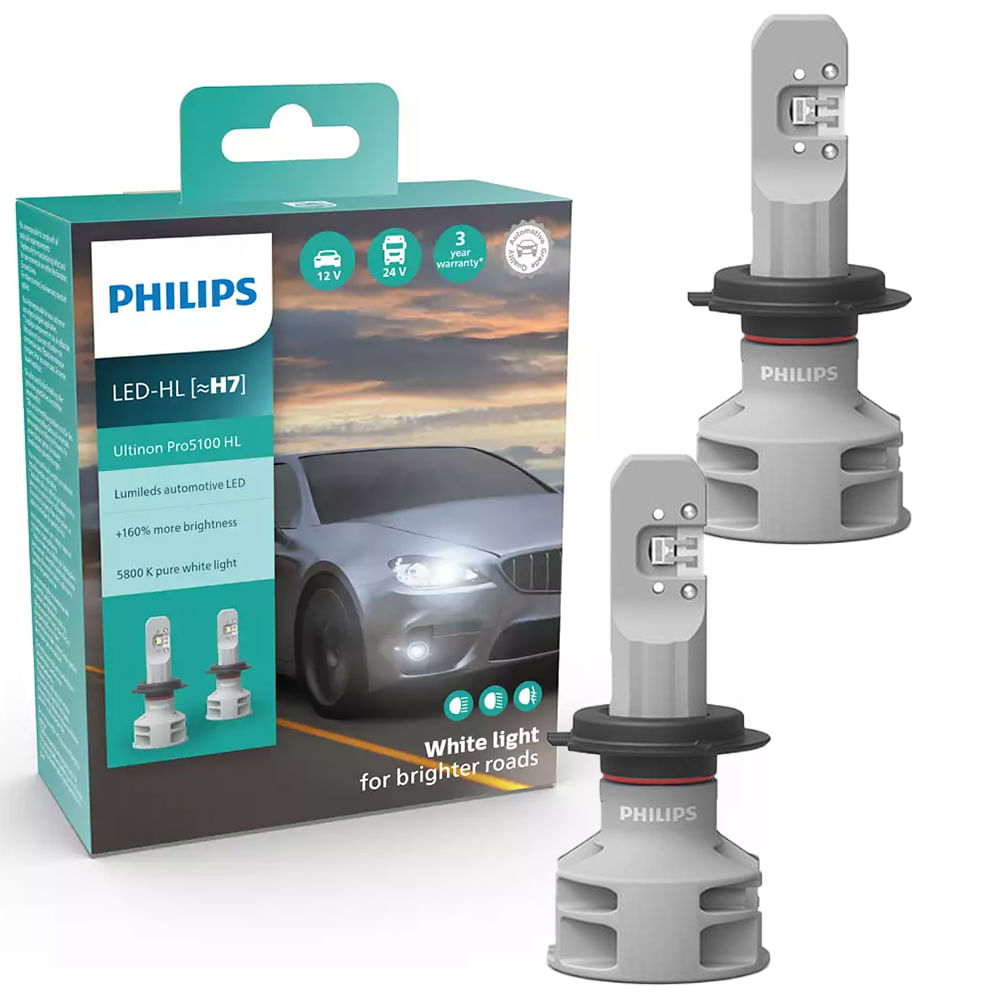 Par Lâmpada Philips LED Ultinon Pro5100 HL H7 13,2V 12W PX26d Farol 11972U51X2