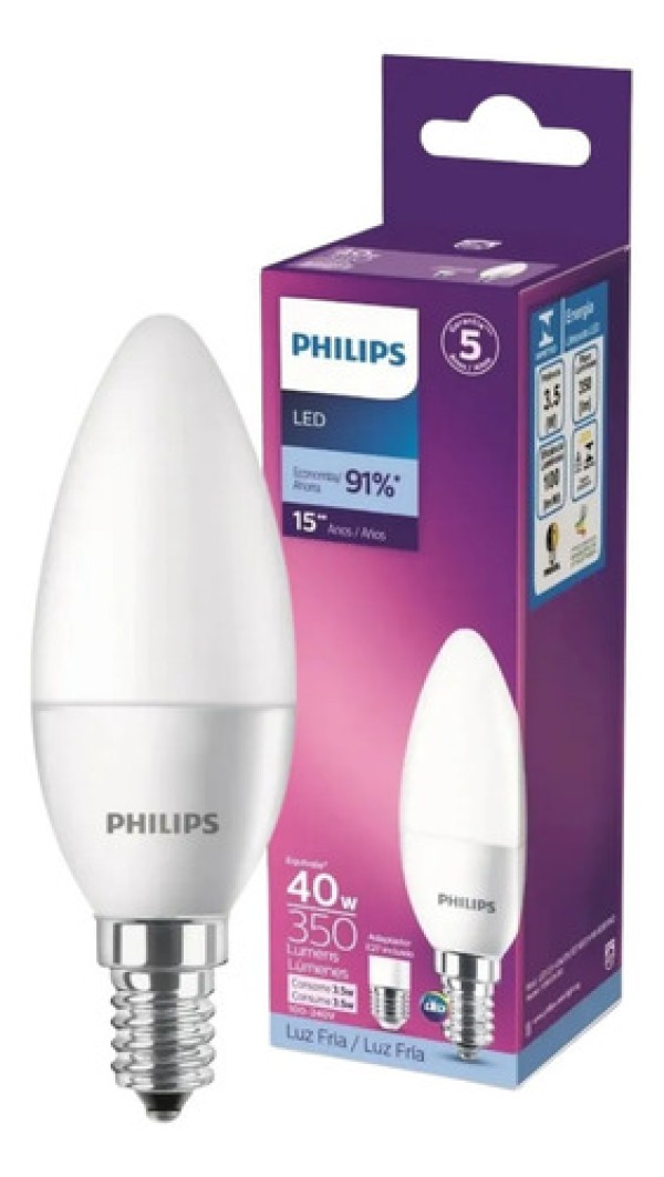 Lâmpada Led Vela Leitosa B35 E14 com Adaptador E27 Philips 2700K