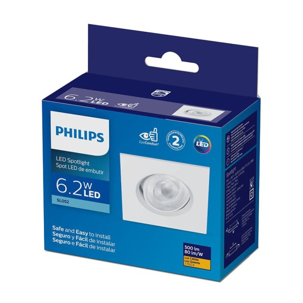 Spot Led Integrado De Embutir Quadrado 6,2W Amarela 3000K Bivolt Philips