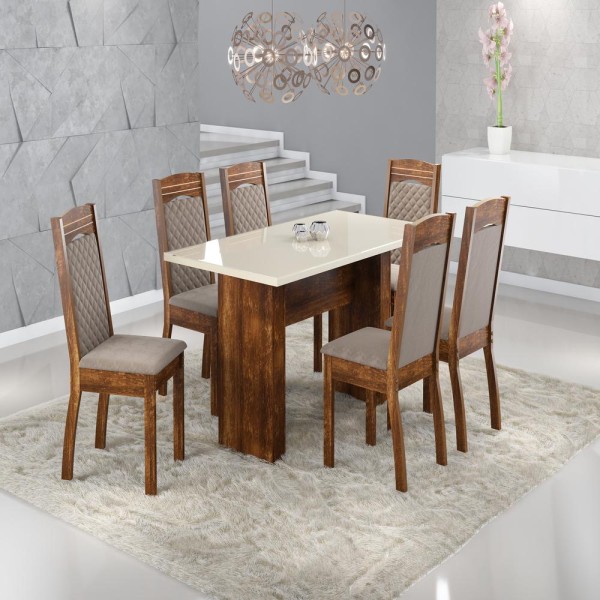 Encontraproduto.com.br - Mesa de Jantar 6 Cadeiras Com Tampo Vidro Rústico/Off White Urca/Alice Sonetto Móveis