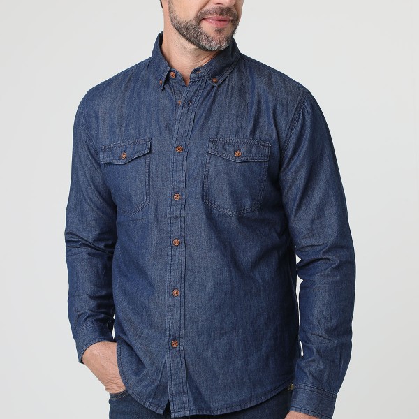 Encontraproduto.com.br - Camisa Manga Longa Bolsos Lapela Jeans