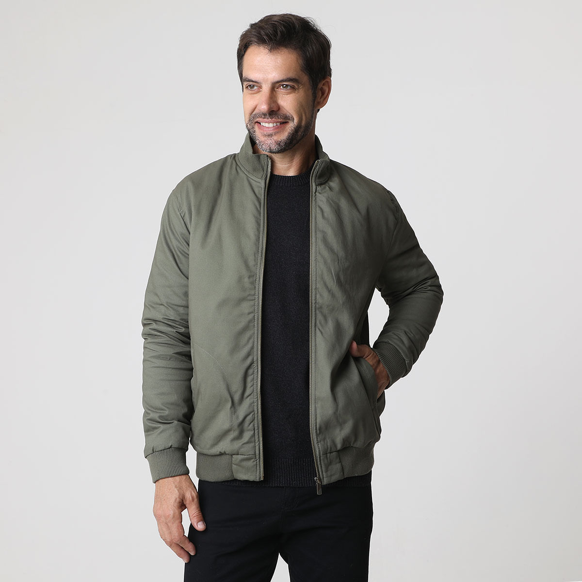 Encontraproduto.com.br - Jaqueta Manga Longa Bomber Sarja Verde Militar