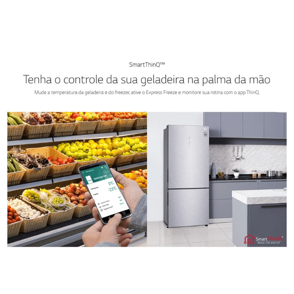 Encontraproduto.com.br - Geladeira LG Smart Inverter Bottom Freezer 451L Prata GC-B659NSM