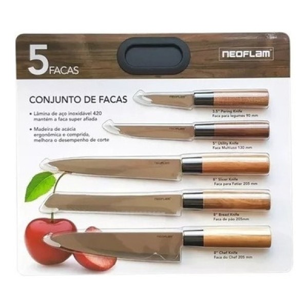 Encontraproduto.com.br - Conjunto 5 Facas de Cozinha com Cabo de Madeira Neoflam