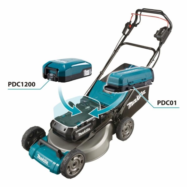 Encontraproduto.com.br - Carrinho Cortador de Grama Sem Fio 36V Com Lâmina Chaves Caixa Coletora LM001CZ Makita