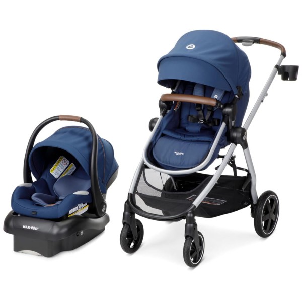 Encontraproduto.com.br - Carrinho de Bebê Travel System 5 em 1 Modular com Porta-Copos, Barra de Proteção e Capa de Chuva, Maxi Cosi Zelia Luxe, Azul Escuro