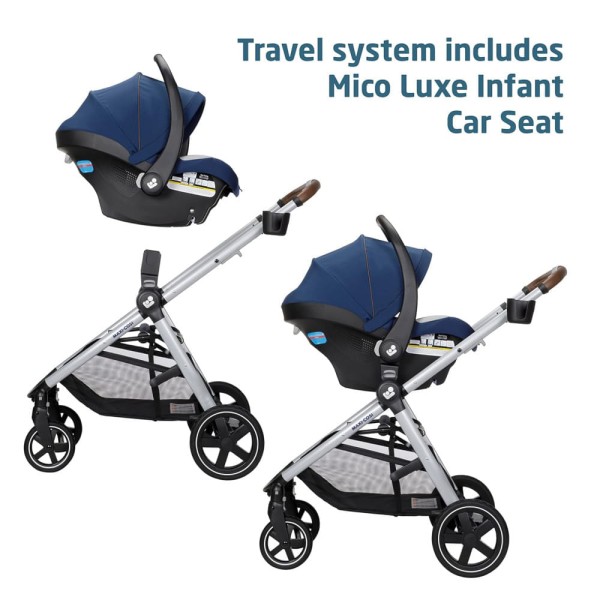Encontraproduto.com.br - Carrinho de Bebê Travel System 5 em 1 Modular com Porta-Copos, Barra de Proteção e Capa de Chuva, Maxi Cosi Zelia Luxe, Azul Escuro