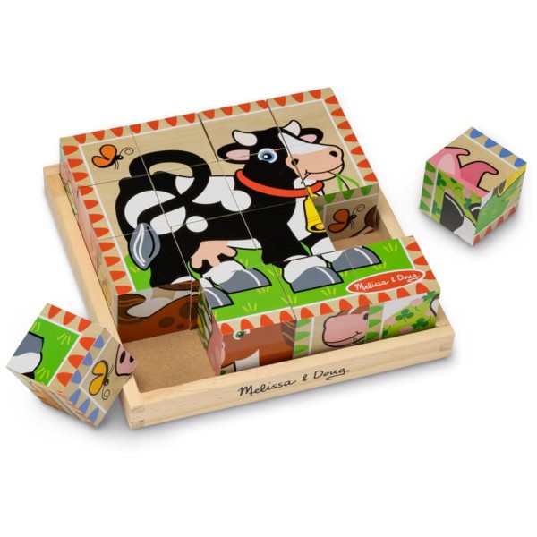 Encontraproduto.com.br - Quebra Cabeça em Cubo Infantil de Madeira, Tema Fazenda com Bandeja de Armazenamento e 16 Peças, Melissa & Doug