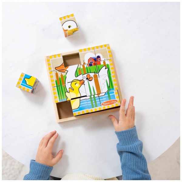 Encontraproduto.com.br - Quebra Cabeça em Cubo Infantil de Madeira, Tema Fazenda com Bandeja de Armazenamento e 16 Peças, Melissa & Doug