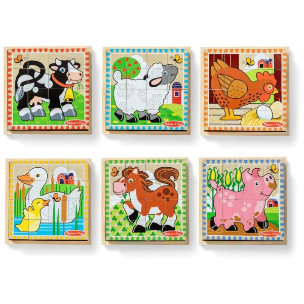 Encontraproduto.com.br - Quebra Cabeça em Cubo Infantil de Madeira, Tema Fazenda com Bandeja de Armazenamento e 16 Peças, Melissa & Doug